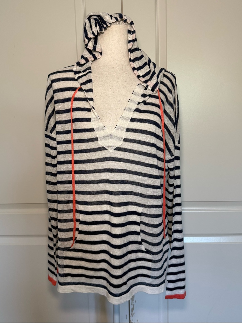 Seaton Knit Beach Hoodie Linen Blue Ivory Striped Sweater Size Medium